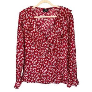 Sasson Women's Floral Ruffle V-Neck Poet Long Sleeve Blouse Red‎ Size Medium